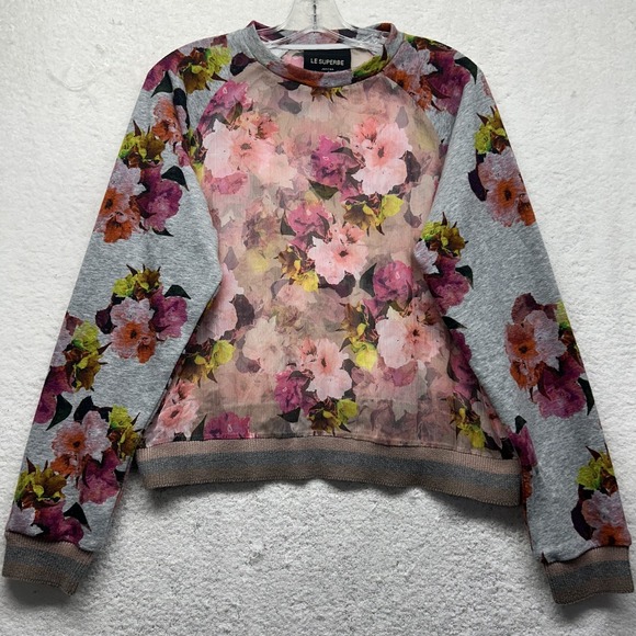 le superbe Tops - Le Superbe Womens Size S Gray Sheer Floral Crew Pullover Sweatshirt (T7)